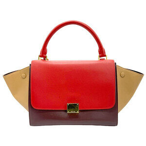 Celine Trapeze Leather Shoulder Bag Handbag Red Bordeaux Purple Camel